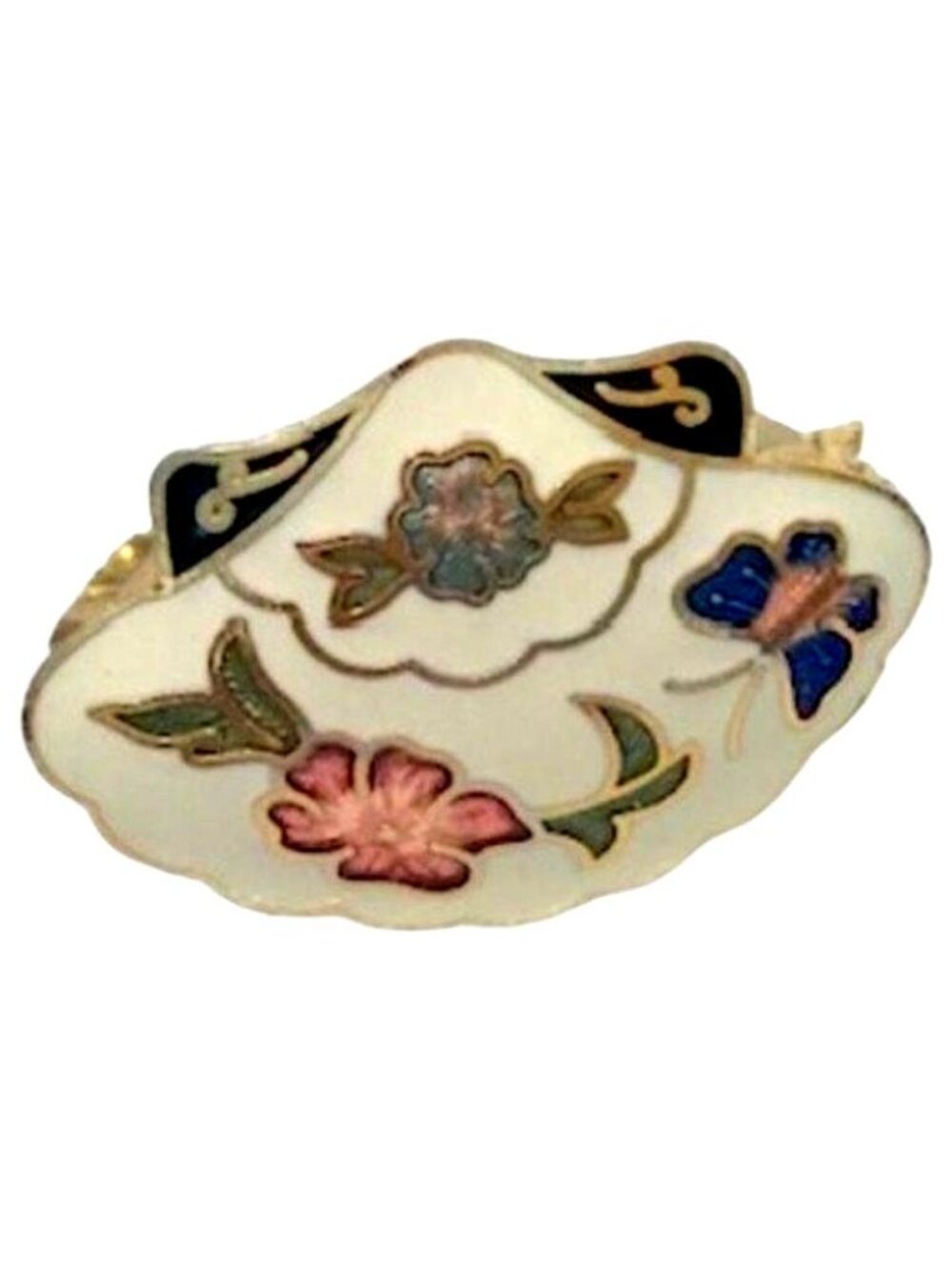Vintage Cloisonné Enamel Floral Butterfly Scarf Clip
